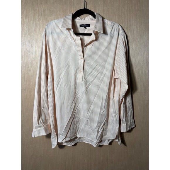 Lafayette 148 New York Striped Button Down Shirt Womens Medium Beige White - Picture 1 of 6